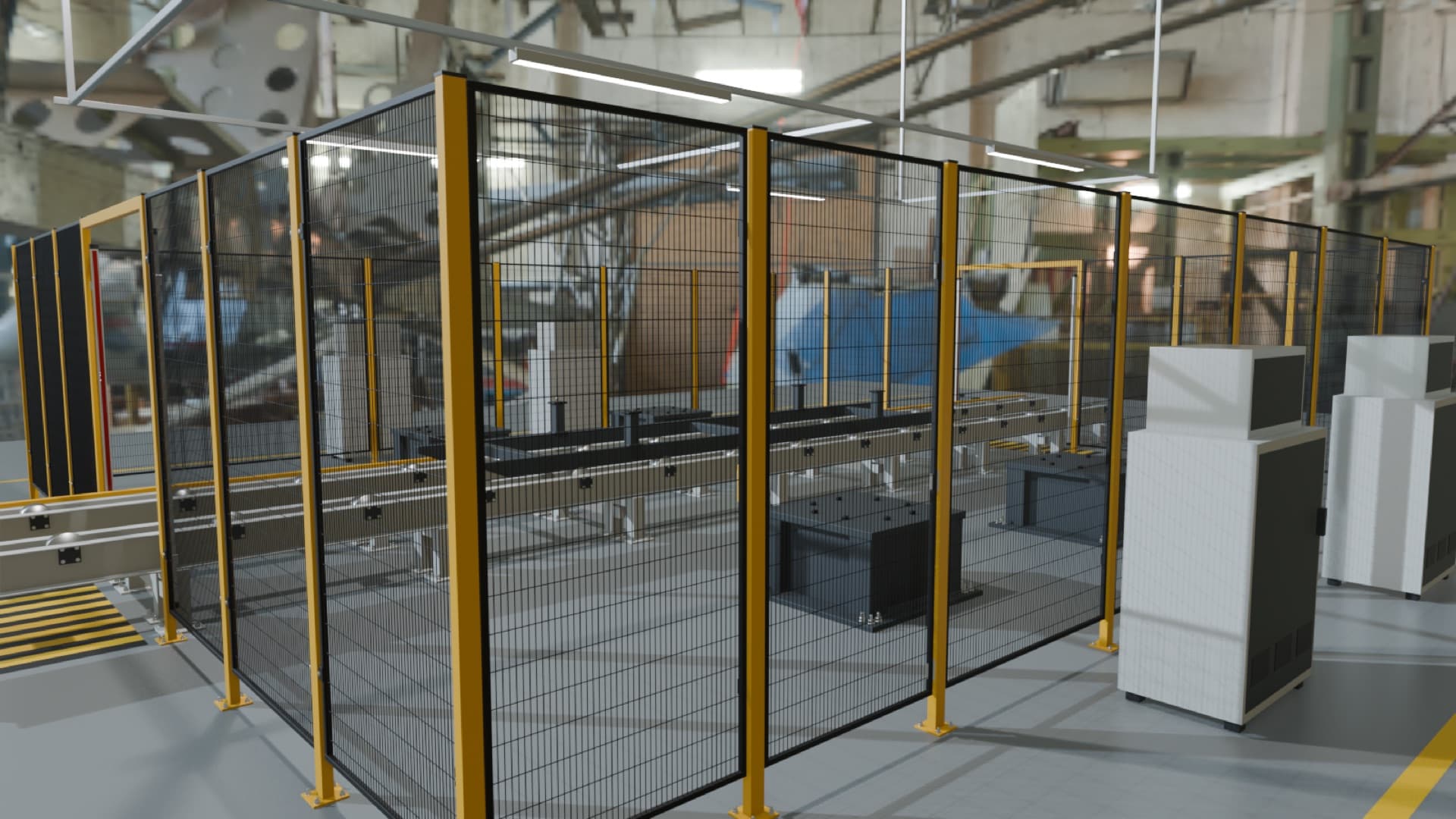A simulated robotic work cell with safety fencing and conveyors