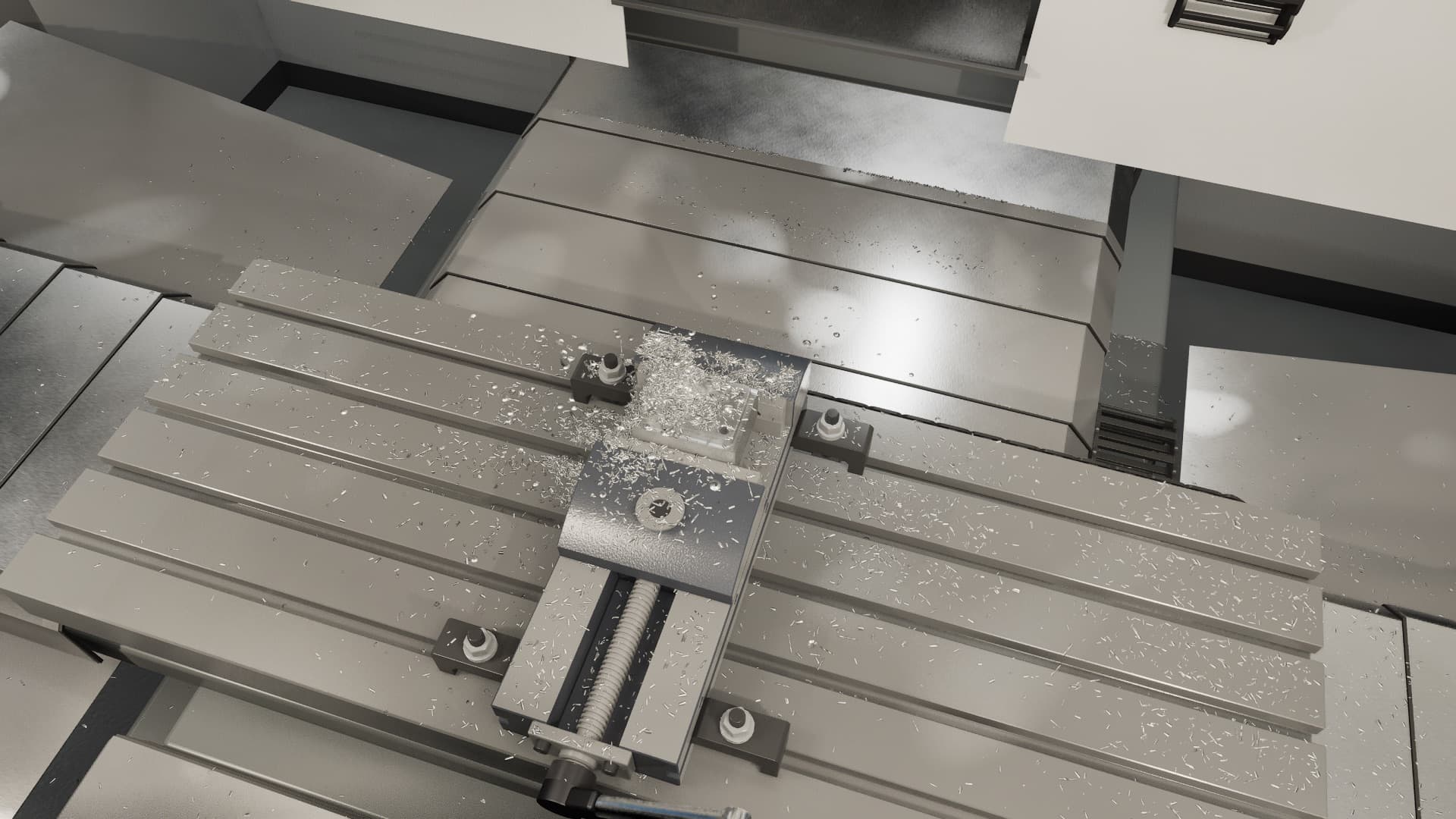 A simulated vise and table covered in aluminum chips after machining