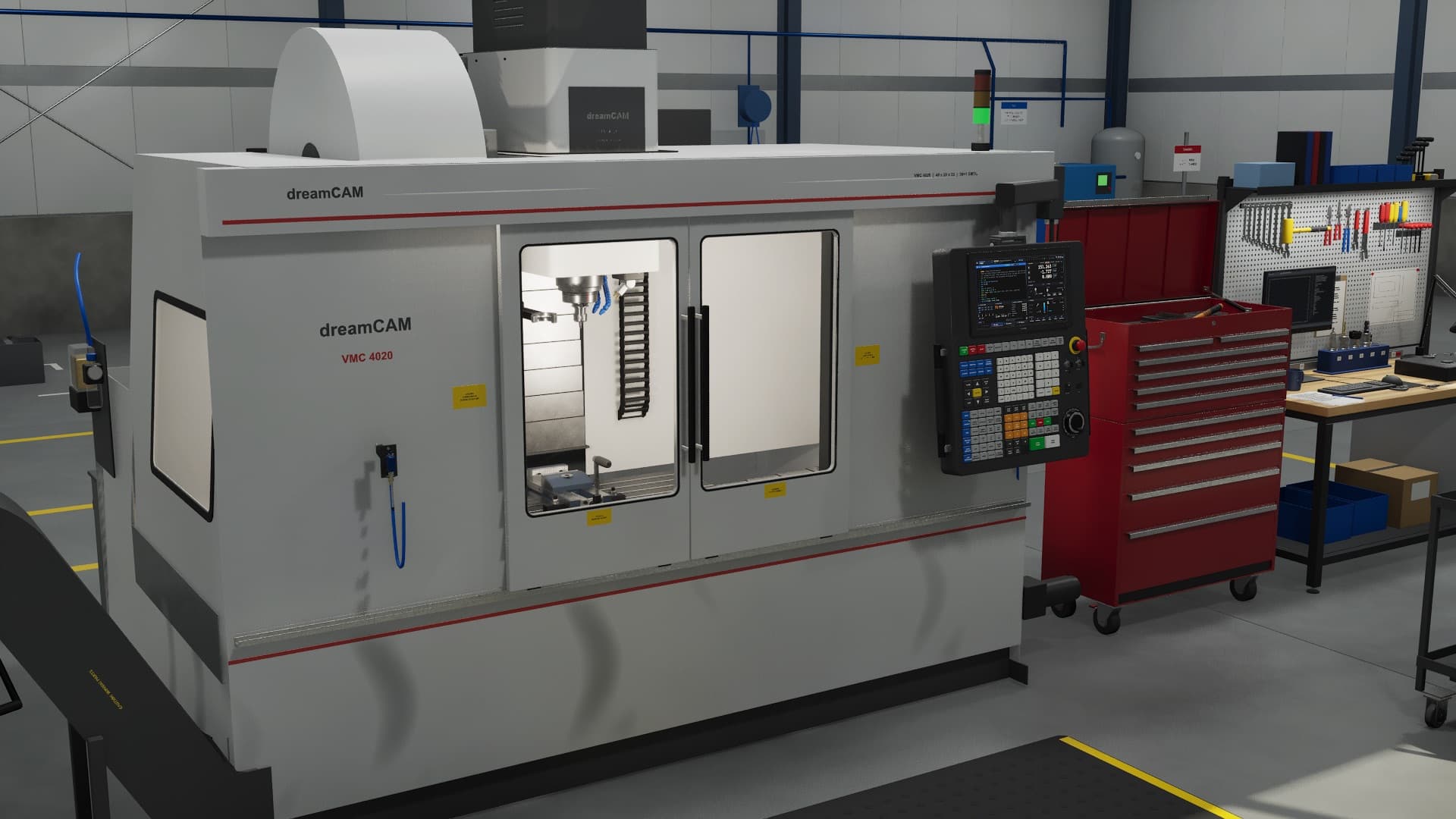 The dreamCAM vertical machining center in a simulated machine shop